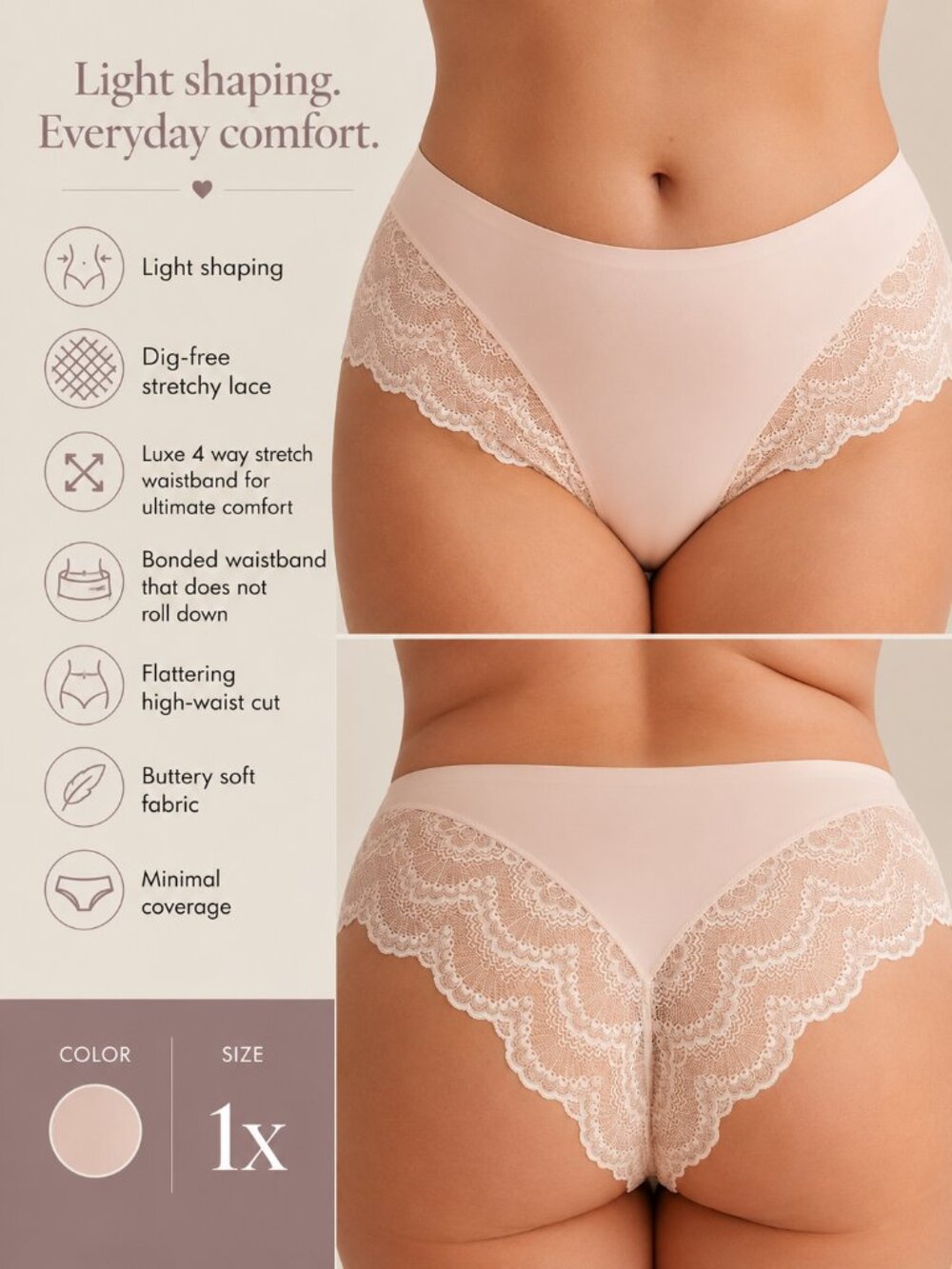 Pinsy Lace Shaping Hipster Panty 2X NWT Light Control